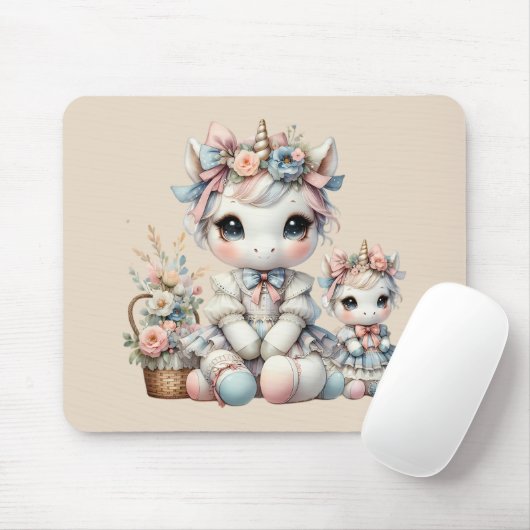 Tapis De Souris Pastel Kawaii Unicorne Mère Fille Duo Beige (Avec souris)