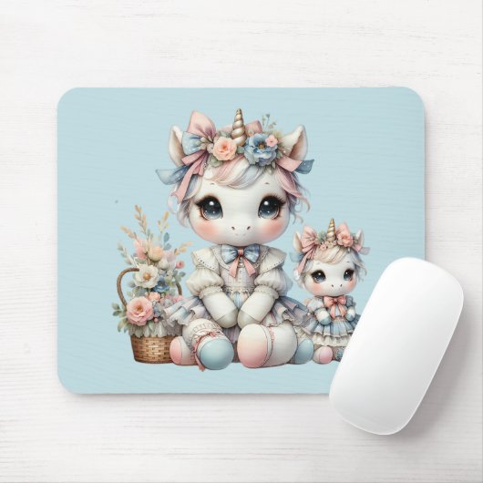 Tapis De Souris Pastel Kawaii Unicorne Mère fille Duo bleu (Avec souris)