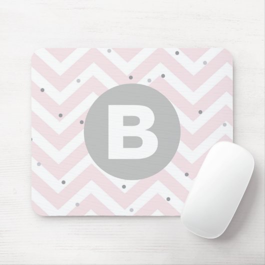 Tapis De Souris Pastel Pink Chevron and Dots Grey Monogram (Avec souris)