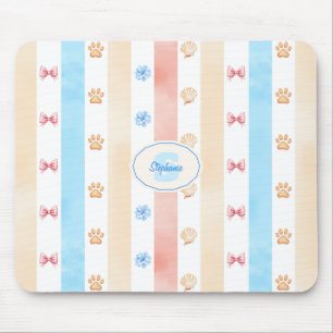 Tapis De Souris Pastel Stripe - Empreintes de pattes, Fleur Bleue,
