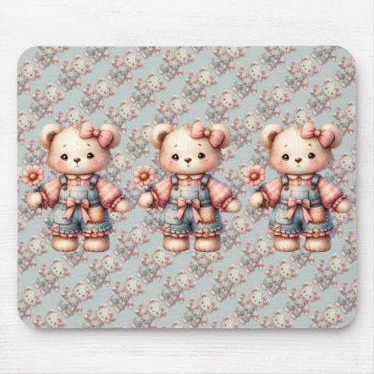 Tapis De Souris Pastel Teddy Bear Holding Flower Wear Overalls (Devant)