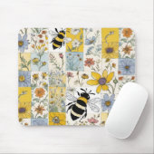 Tapis De Souris Patchwork floral d'abeilles en bleu et jaune (Avec souris)