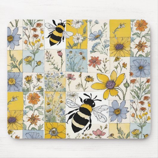Tapis De Souris Patchwork floral d'abeilles en bleu et jaune (Devant)