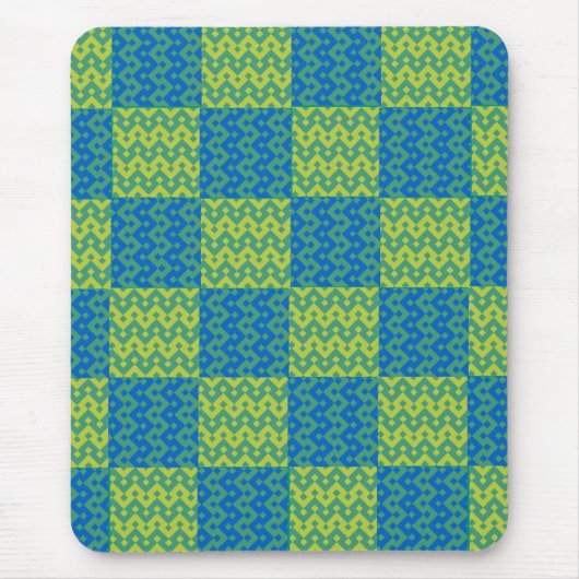 Tapis De Souris Patchwork Mousepad, bleu et vert géométriques (Devant)
