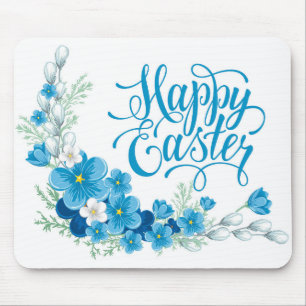 Tapis De Souris Pavé de souris bleu fleuri Happy Pâques