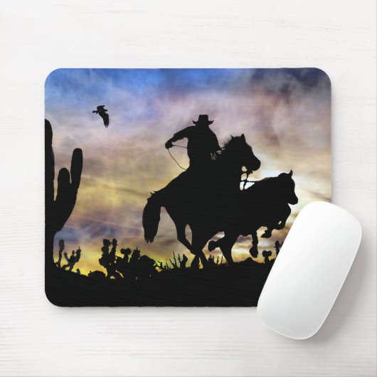Tapis De Souris Pays Western Roping Cowboy Desert Scène (Avec souris)