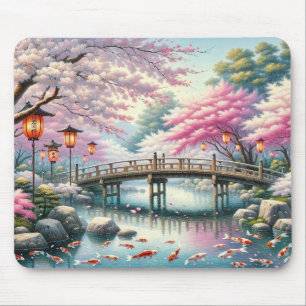 Tapis De Souris Paysage japonais avec Pont, Koi et Sakura