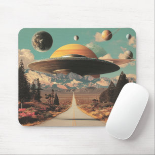 Tapis De Souris Paysage surréaliste avec route, OVNI et Saturne