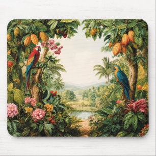 Tapis De Souris Paysage Tropical Cacao Perroquets Fleur Aquarelle