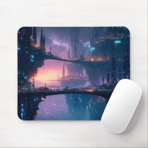Tapis De Souris Paysage urbain futuriste au crépuscule