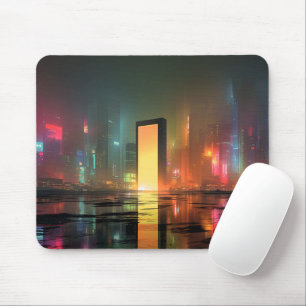 Tapis De Souris Paysage urbain futuriste avec reflets néon