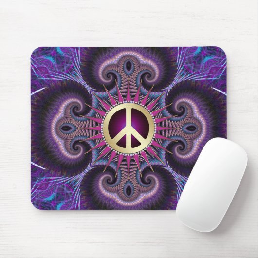 Tapis De Souris Peace Sign Groovy Fractals Purple Mousepad (Avec souris)