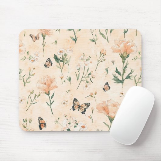 Tapis De Souris Peach Butterflies Floral (Avec souris)