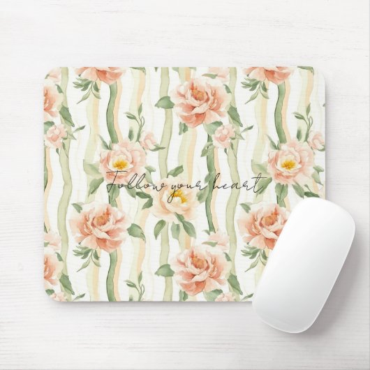 Tapis De Souris Peach Mint Pretty Roses Floral Stripes (Avec souris)