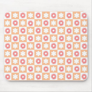 Tapis De Souris Peach Pink Flower Checboard Moderne Rétro