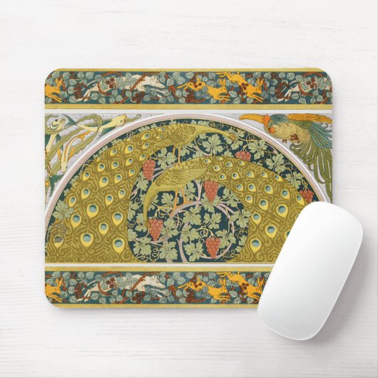 Tapis De Souris Peacock Art Nouveau Style rond design complexe (Avec souris)
