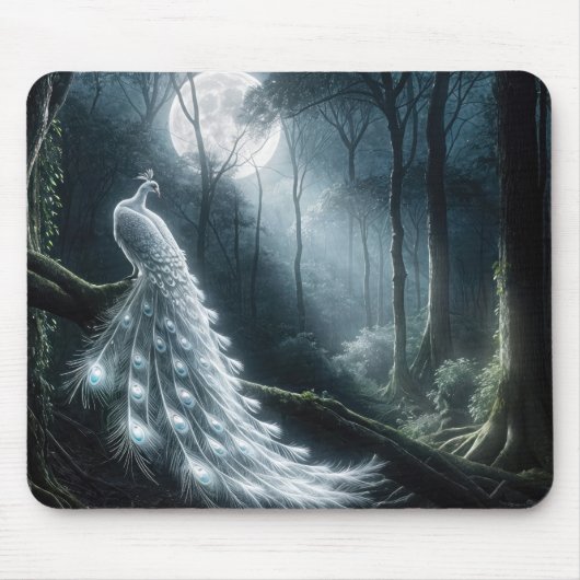 Tapis De Souris Peacock Blanc Dans La Forêt Lune (Devant)