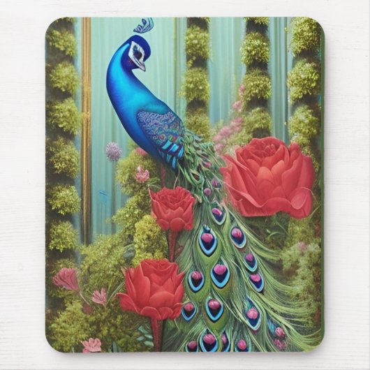 Tapis De Souris Peacock Bleu en Rose et Fern Garden (Devant)
