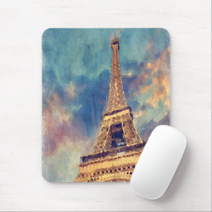 Tapis De Souris Peinture à l'aquarelle pastel de la Tour Eiffel de