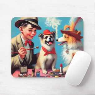 Tapis De Souris Peinture à l'huile rétro Chiens heureux