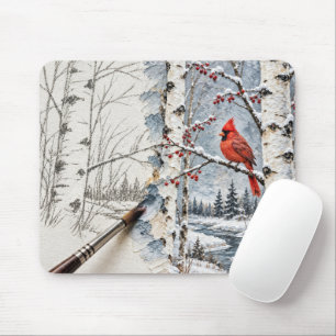 Tapis De Souris Peinture à l'impasto de bouleau d'hiver et de card