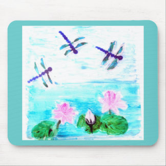 Tapis De Souris Peinture de fleurs nénuphars avec libellule