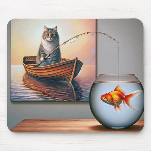 Tapis De Souris Peinture de pêche au chat avec poisson rouge (Devant)