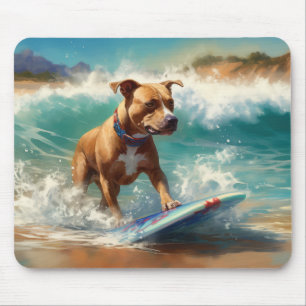 Tapis De Souris Peinture de Surf sur la Plage de l'American Staffo