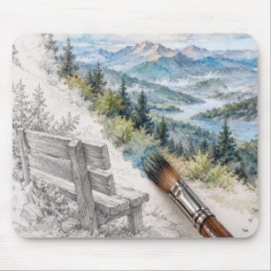 Tapis De Souris Peinture d'un banc surplombant une vallée montagne