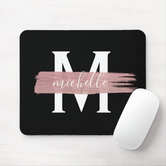 Tapis De Souris Peinture or Rose simple Monogramme classique Noir (Avec souris)