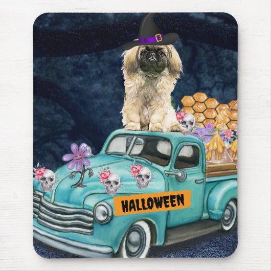 Tapis De Souris Pekingese Chien Halloween Camion Effrayant Nuit (Devant)