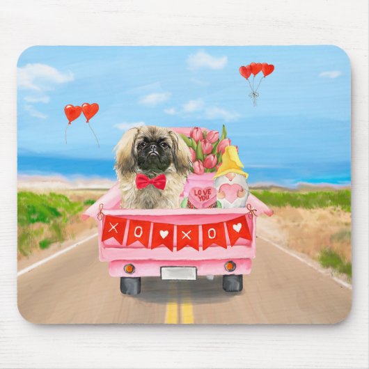 Tapis De Souris Pekingese Chien Saint Valentin Coeurs de Camion (Devant)