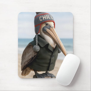 Tapis De Souris Pélican portant un gilet et un chapeau d'hiver
