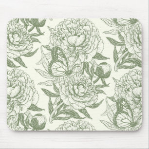 Tapis De Souris Peoné et papillons bloc impression, sauge vert et