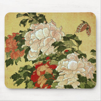 Tapis De Souris Peonies et papillons Hokusai Art japonais