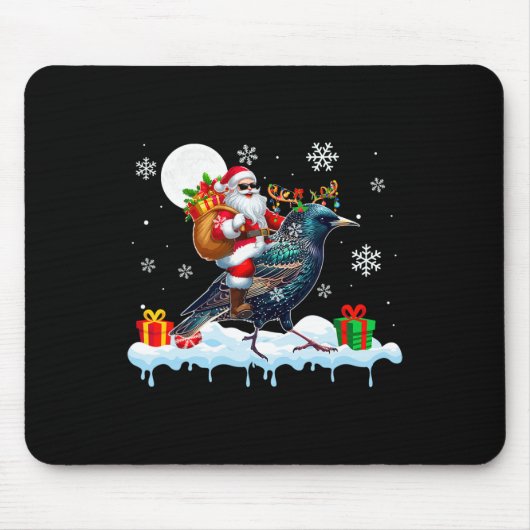 Tapis De Souris Père Noël Sungles Riding Reindeer Starling Bird En (Devant)