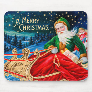 Tapis De Souris Père Noël vert vintage traîneau nuit étoilée Noël