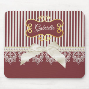 Tapis De Souris Perles et dentelle Deep Red Stripes Bow et nom
