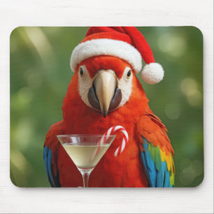 Tapis De Souris Perroquet de Noël tenant un cocktail