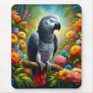 Tapis De Souris Perroquet gris africain aux fleurs colorées