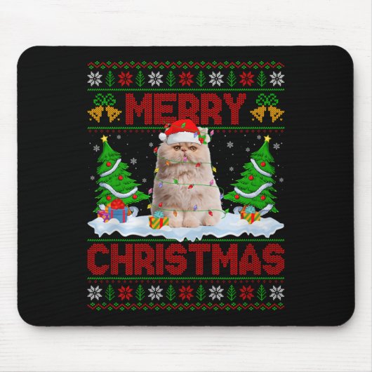 Tapis De Souris Persian Cat Ugly Xmas Sweater Funny Animal Lights (Devant)