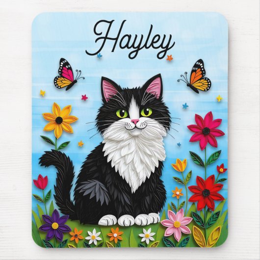 Tapis De Souris Personalized Cat, Flowers and Butterflies   (Devant)