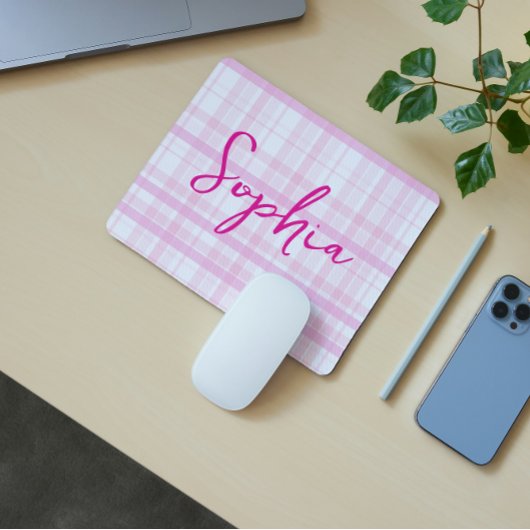 Tapis De Souris Personalized Pink Plaid Mouse Pad with Name 