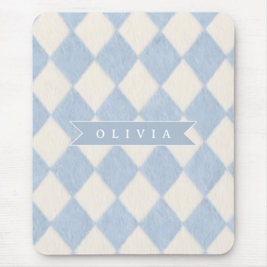 Tapis De Souris Personalized Preppy Soft Blue Fuzzy Argyle Name (Devant)
