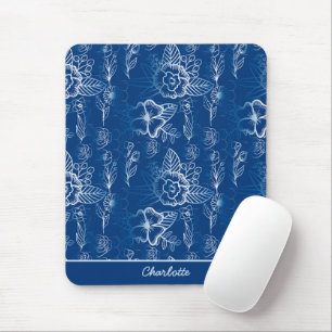Tapis De Souris Personnalisé floral continu motif blanc - bleu