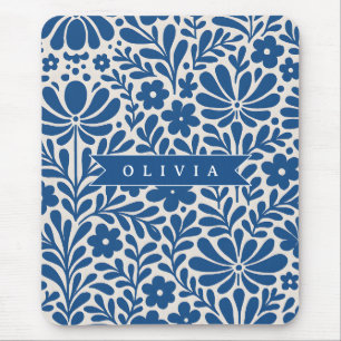 Tapis De Souris Personnalisé Floral Folklorique Bleu Nordique Sur