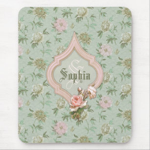 Tapis De Souris Personnalisé Girly Chic Vert et rose Floral