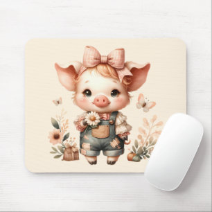 Tapis De Souris Petit Cochon Fantaisiste en Salopette Pastel Pêche