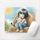 Tapis De Souris Petite fille avec chat animal (Avec souris)