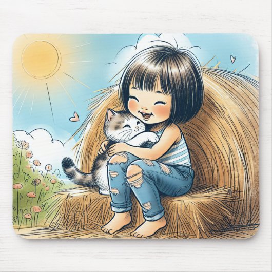Tapis De Souris Petite fille avec chat animal (Devant)